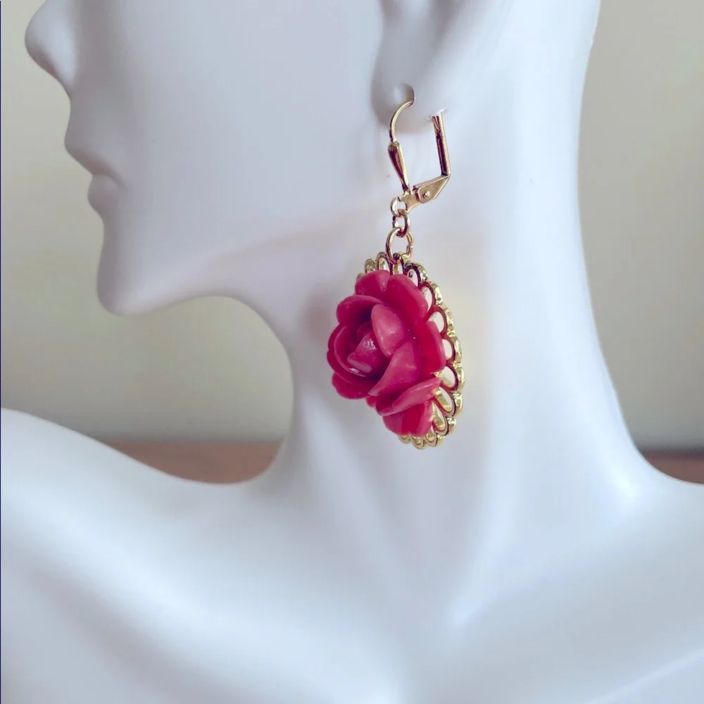 HAND CRAFTED PINK ROSE EARRINGS Acrylic Floral Components Pink Gold